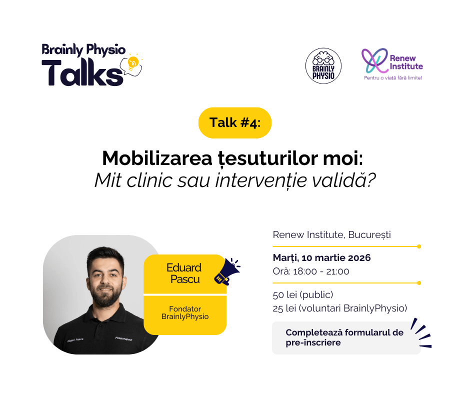 Eveniment Brainly Physio Talks despre mobilizarea țesuturilor moi și terapia manuală în durerea de umăr.